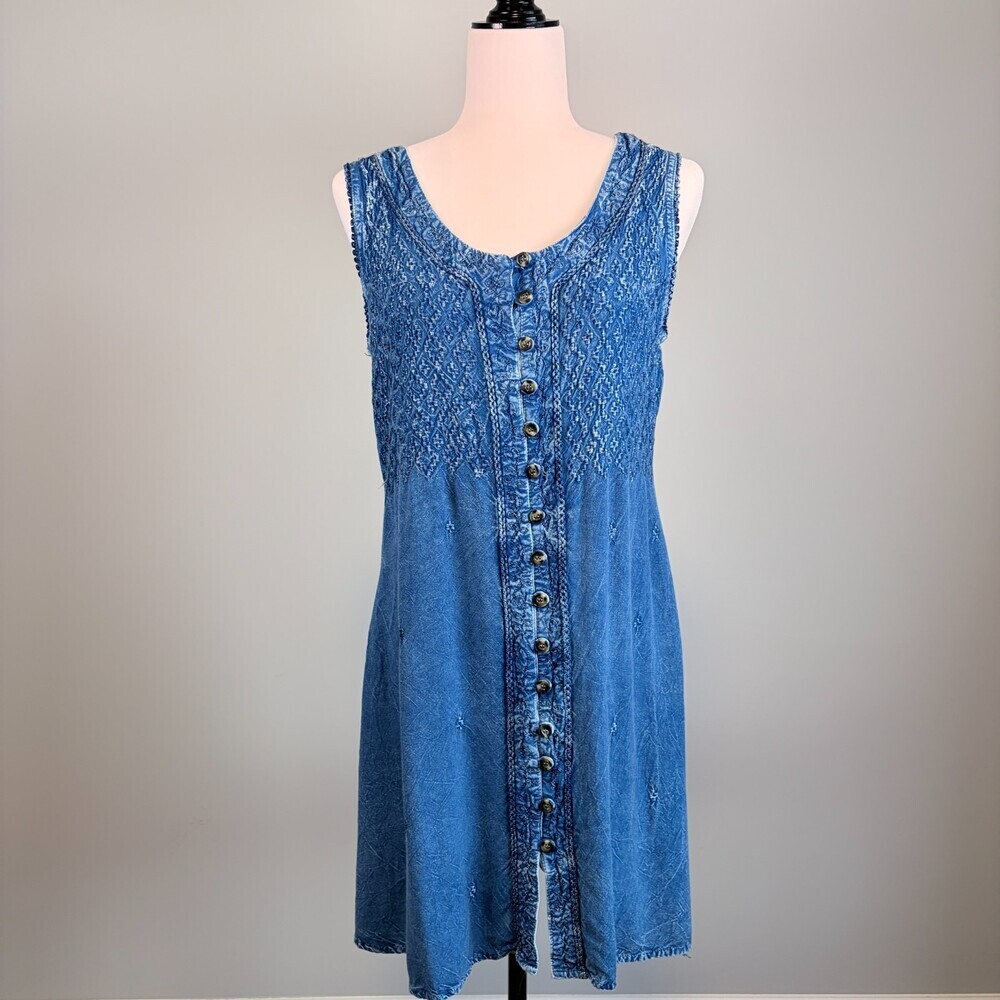 Raya Sun Embroidered Mini Dress Festival Boho Western Blue Chambray Women's M